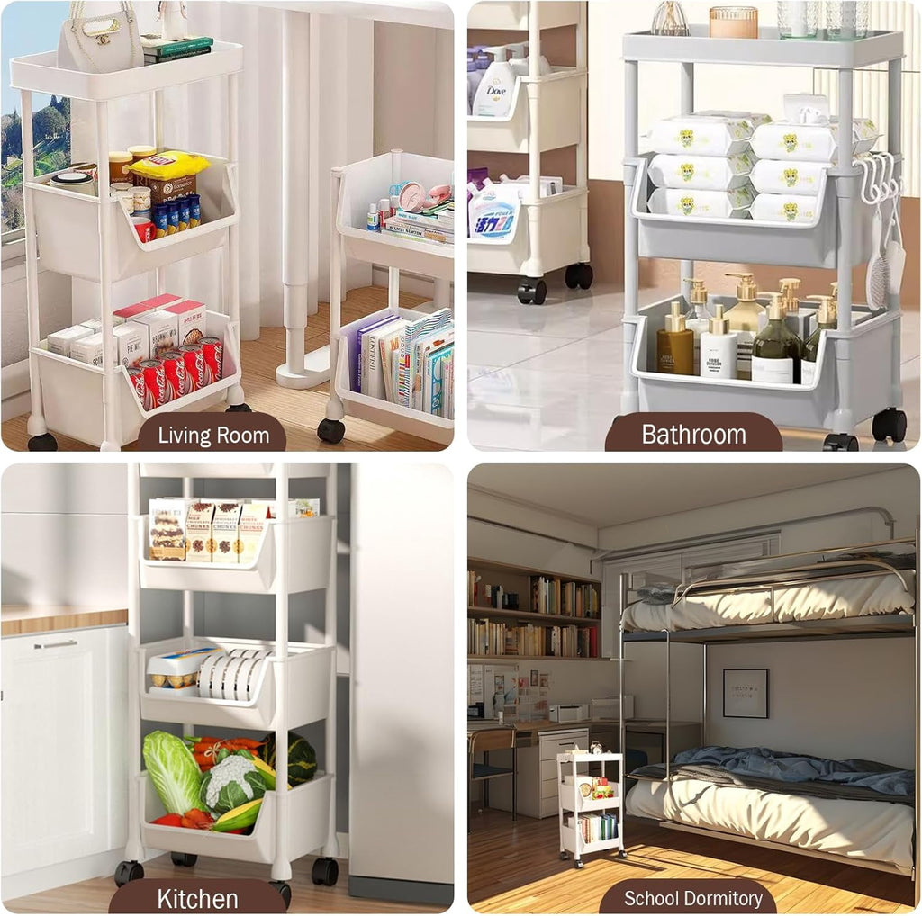 Colorfish 3-Tier Rolling Storage Cart Open-Style Mobile Organizer Shelf with Wheels and Hooks Off-White