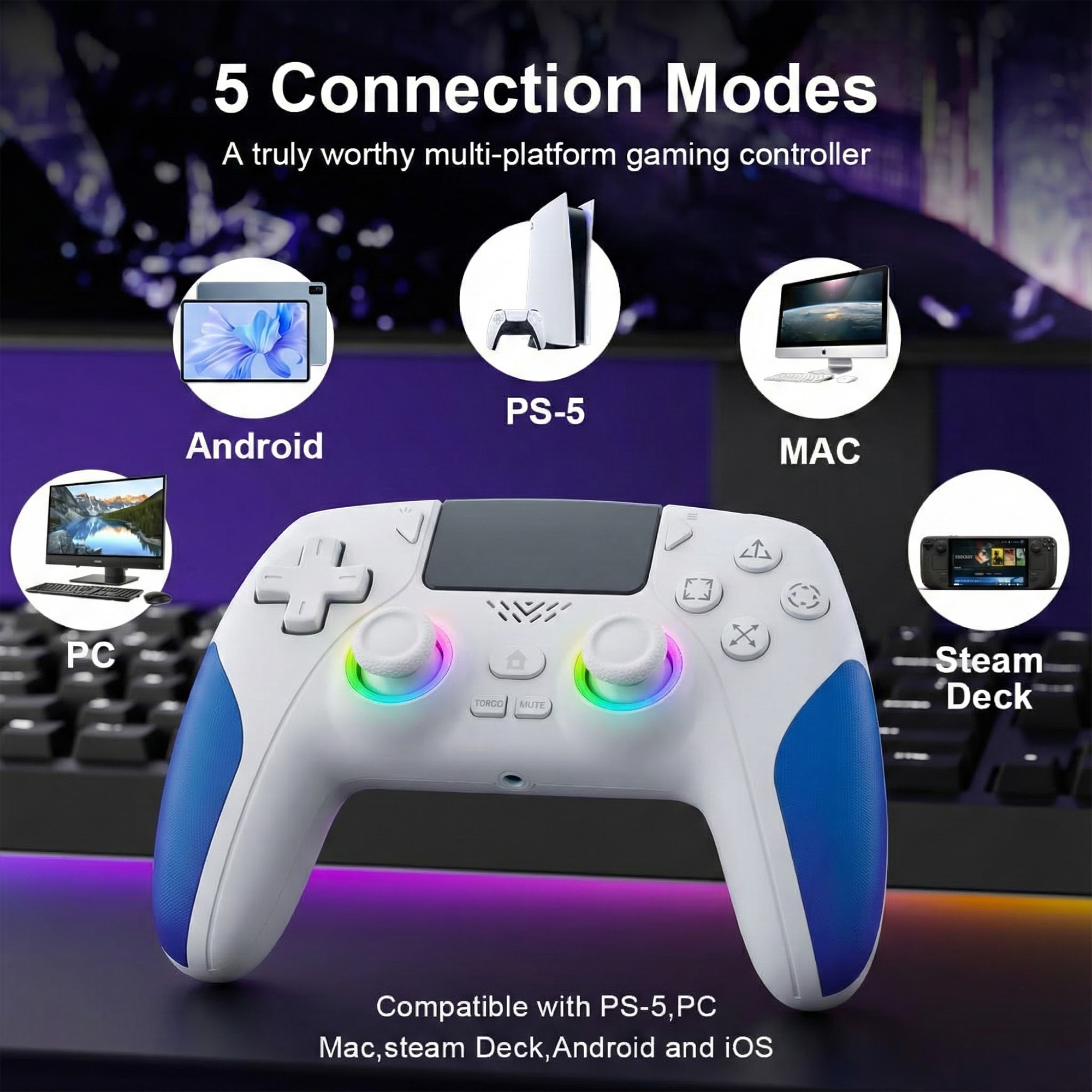 Wireless RGB Controller Compatible with P5/P5 Pro/P5 Slim with Dual Vibration & Six-Axis Sensor