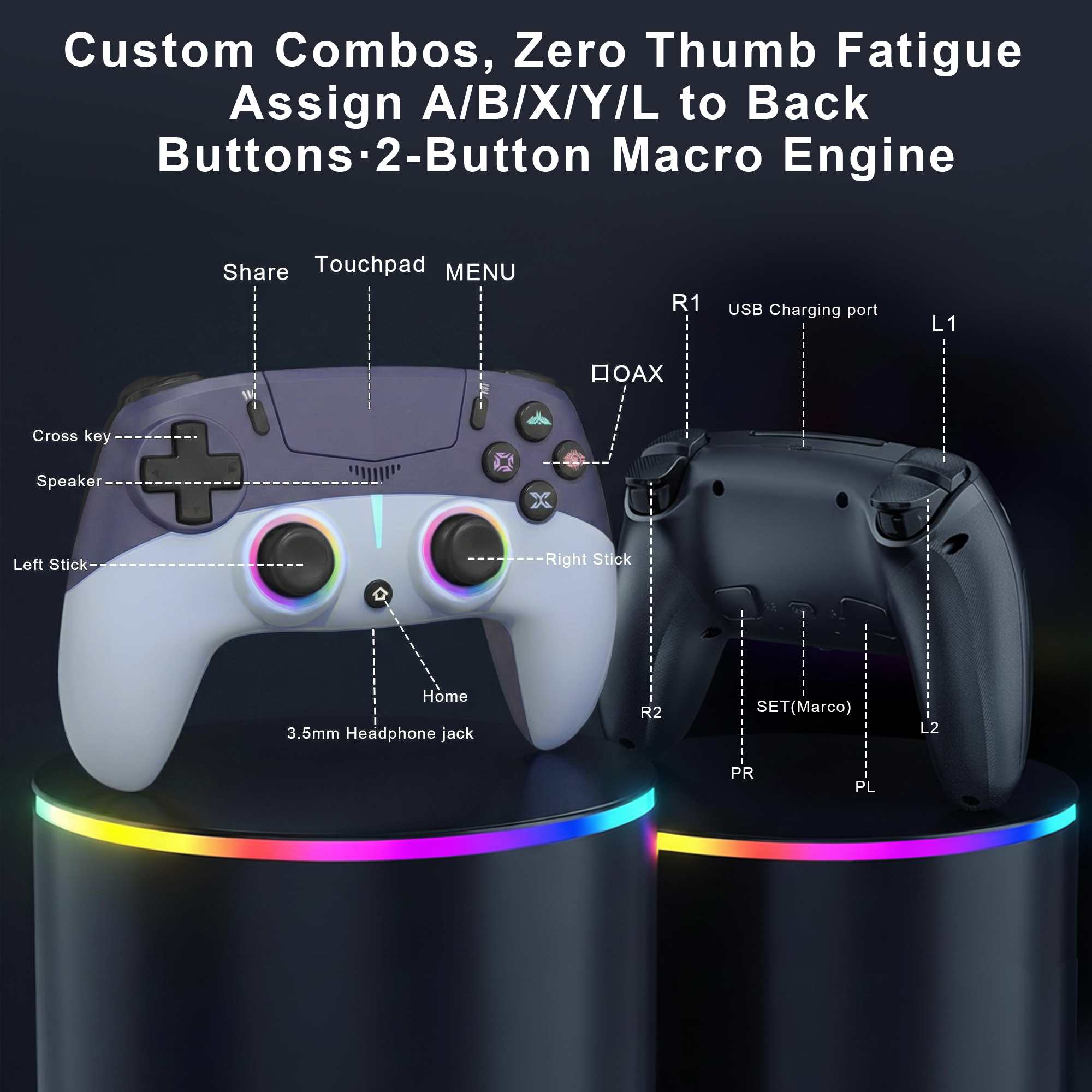 Wireless RGB Controller Compatible with P5/P5 Pro/P5 Slim with Dual Vibration & Six-Axis Sensor
