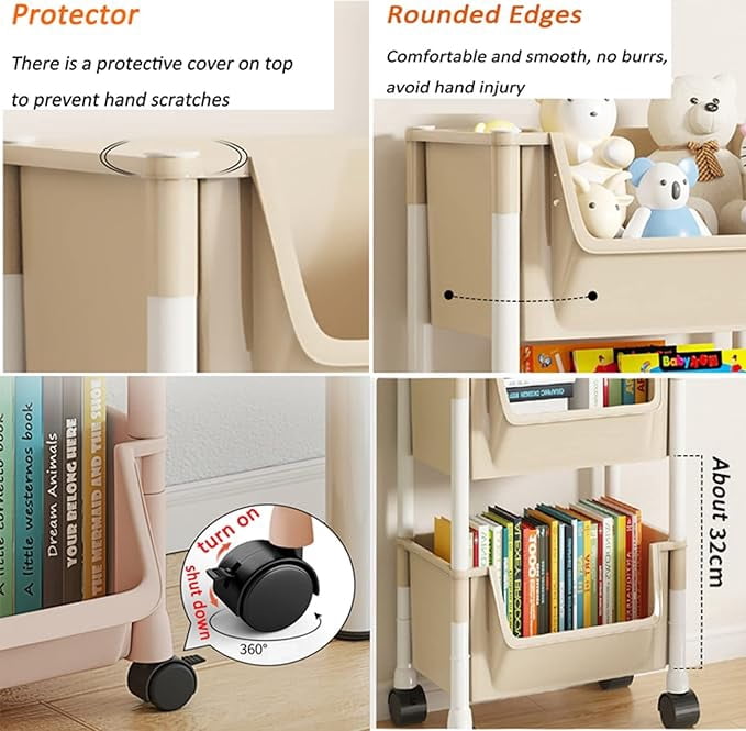 Colorfish 3-Tier Rolling Storage Cart Open-Style Mobile Organizer Shelf with Wheels and Hooks Off-White