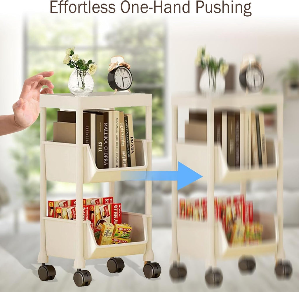 Colorfish 3-Tier Rolling Storage Cart Open-Style Mobile Organizer Shelf with Wheels and Hooks Off-White