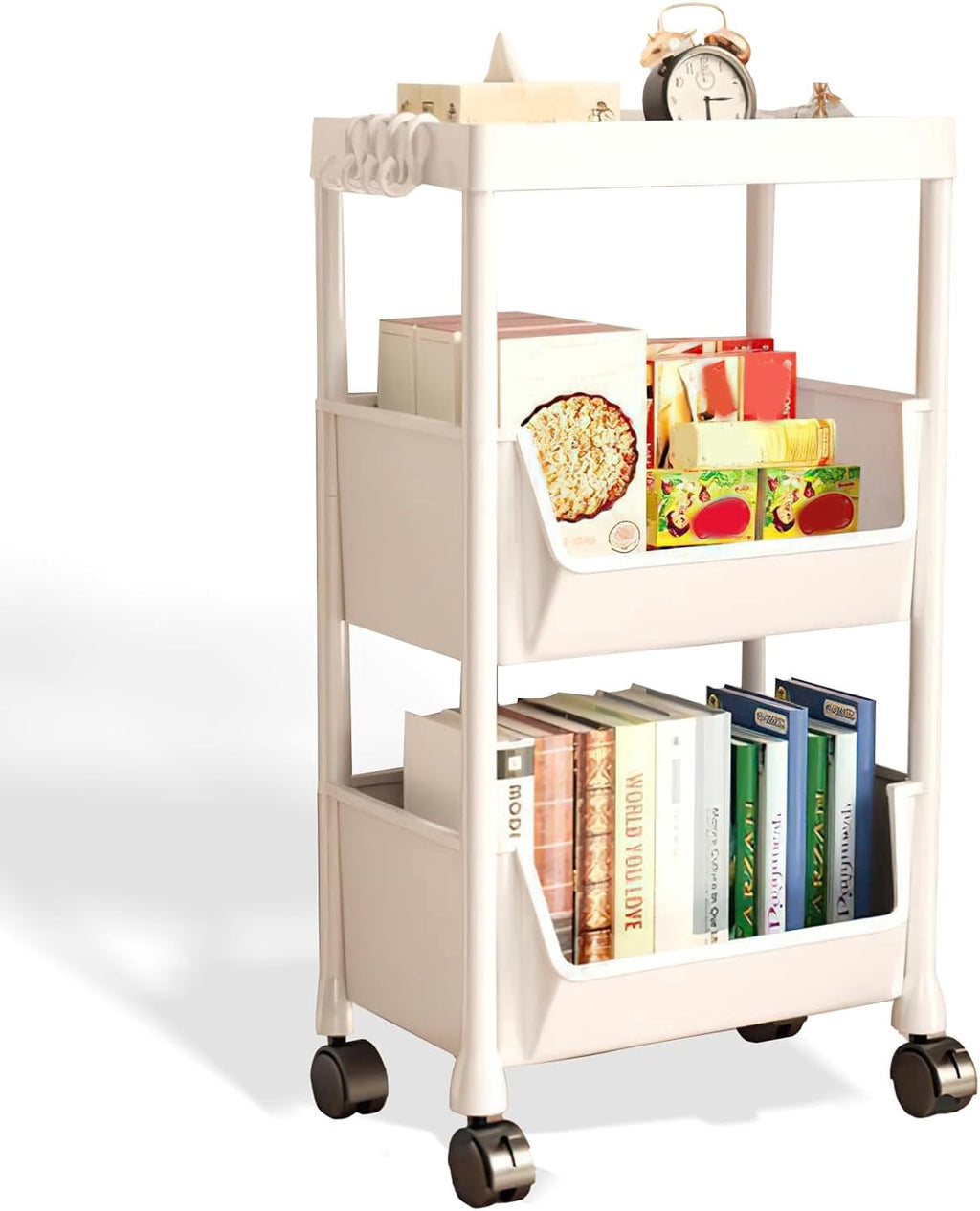 Colorfish 3-Tier Rolling Storage Cart Open-Style Mobile Organizer Shelf with Wheels and Hooks Off-White