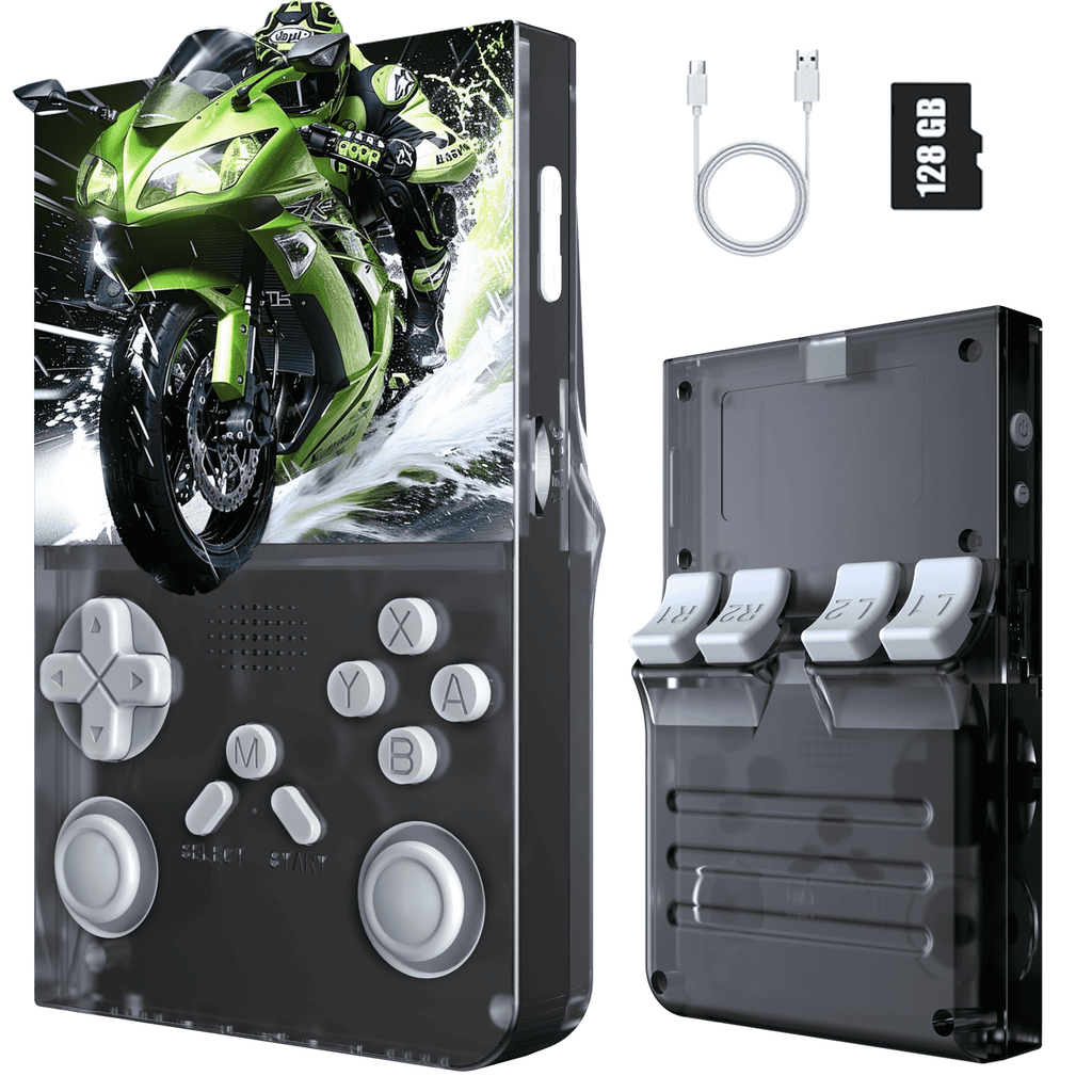 Handheld Game Console with 8000+ Classic Games, 128GB SD Card, 3.5” IPS Screen, Dual-Core 1.2GHz, 2GB RAM, HDMI Output, 3000mAh Battery – Transparent Black