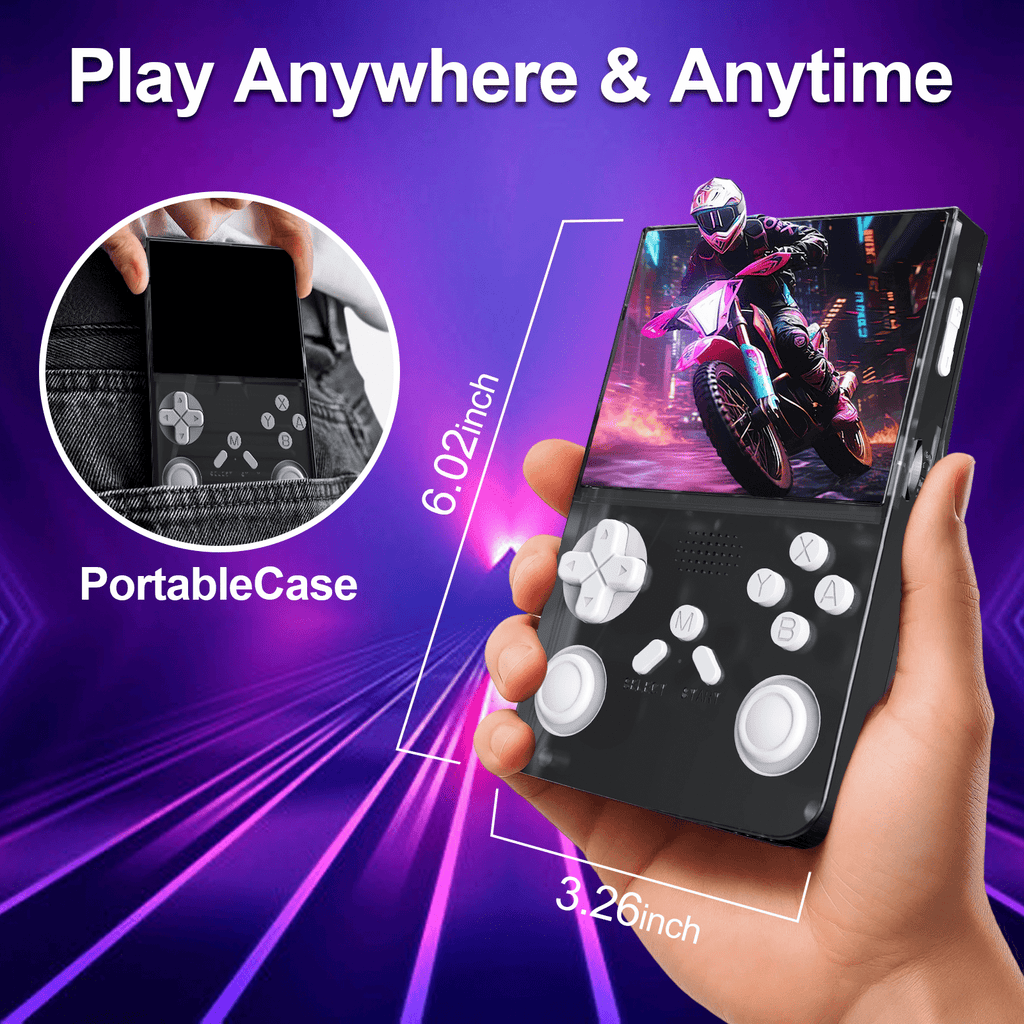 Handheld Game Console with 8000+ Classic Games, 128GB SD Card, 3.5” IPS Screen, Dual-Core 1.2GHz, 2GB RAM, HDMI Output, 3000mAh Battery – Transparent Black