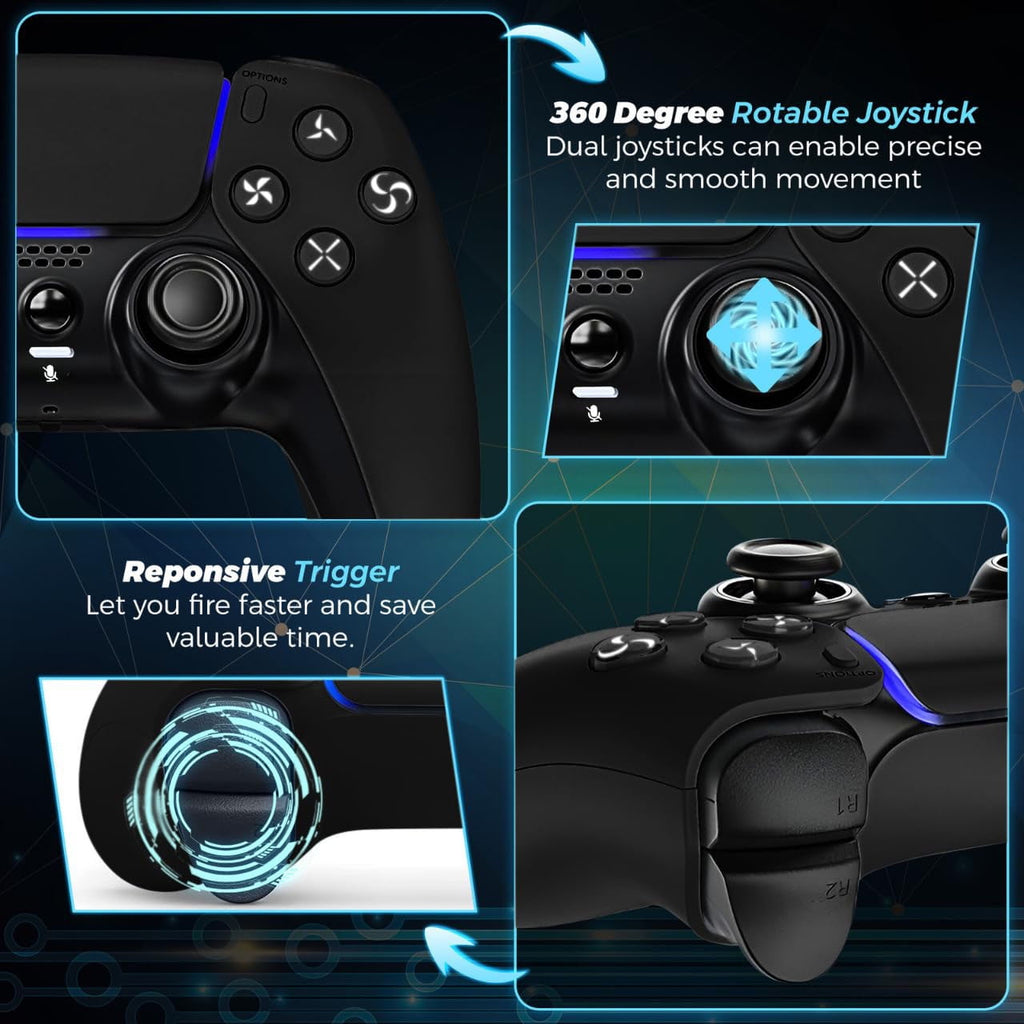 Colorfish Wireless Controller Compatible for P5, Bluetooth 5.0 with 1000mAh Battery, Dual Vibration, 6-Axis Motion Control, USB-C Charging, Gamepad Compatible with P5/Windows PC Black