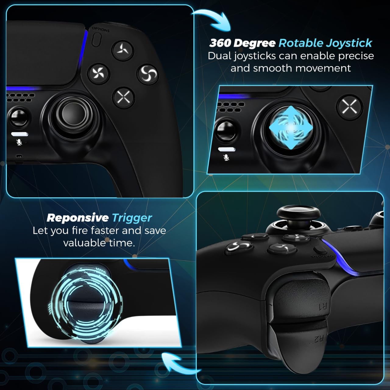 Colorfish Wireless Controller Compatible for P5, Bluetooth 5.0 with 1000mAh Battery, Dual Vibration, 6-Axis Motion Control, USB-C Charging, Gamepad Compatible with P5/Windows PC Black