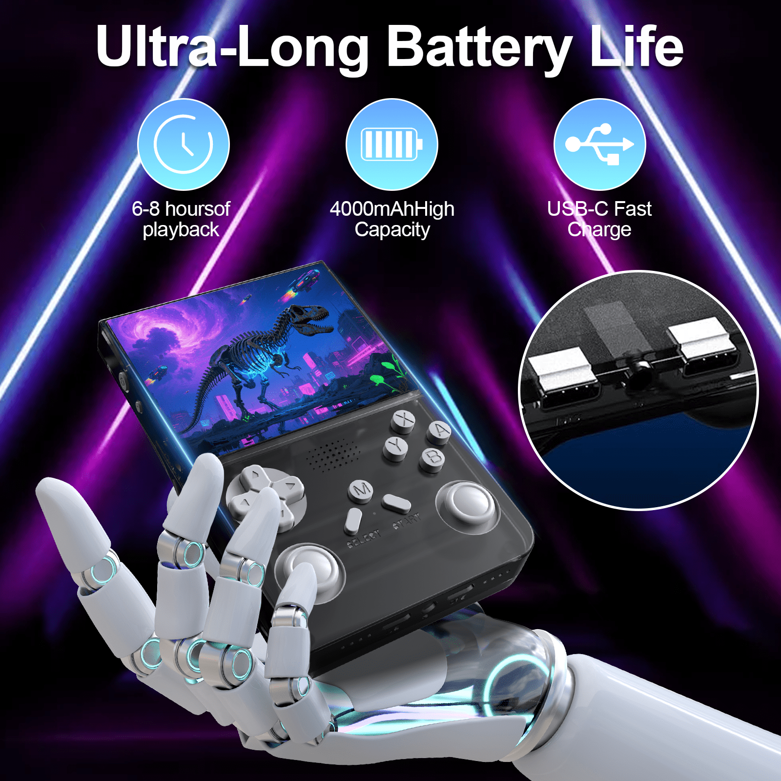 Handheld Game Console with 8000+ Classic Games, 128GB SD Card, 3.5” IPS Screen, Dual-Core 1.2GHz, 2GB RAM, HDMI Output, 3000mAh Battery – Transparent Black